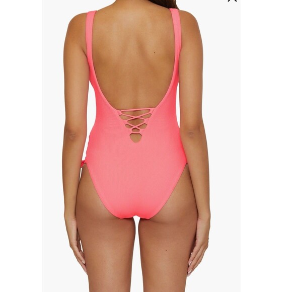 Becca Modern Edge High Cut One-Piece Swimsuit Size Large Coral Reef Color - Picture 2 of 6